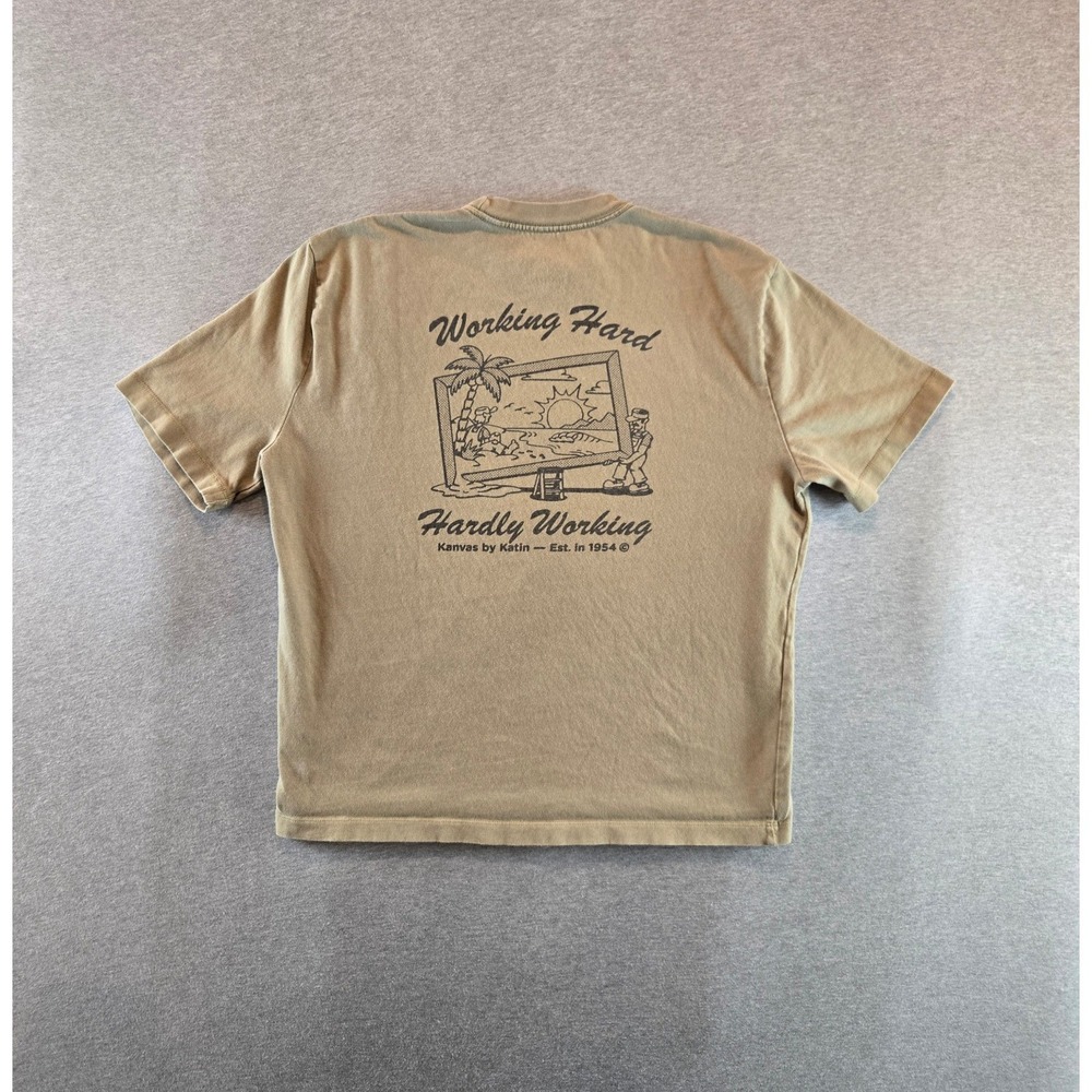 Katin Graphic T-Shirt Mens Medium Tan Relaxed Fit Working Hard Hardly Working